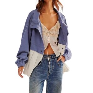 Free People Ellie Button Front Sweatshirt Blue White Pleated Hem Medium NWT